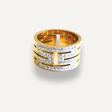 Bague Large Motifs Strass Gold